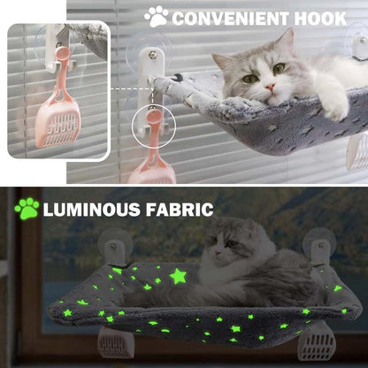 Cat Sunbathing Perch,Glow in the Dark,Large Cat Window Bed,Cordless Cat Window Hammock with Hook Design Double-Sided Fabric Cover, Foldable Window Seat