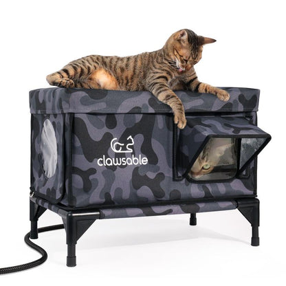 Clawsable Premium Heated Cat House for outside in Winter, Elevated, 100% Waterproof, Safe Escape Door, Insulated Outdoor Feral Cat Shelter W/Heater for Stray Kitty