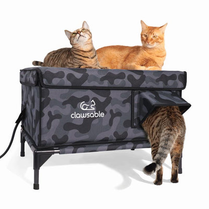 Clawsable Premium Heated Cat House for outside in Winter, Elevated, 100% Waterproof, Safe Escape Door, Insulated Outdoor Feral Cat Shelter W/Heater for Stray Kitty