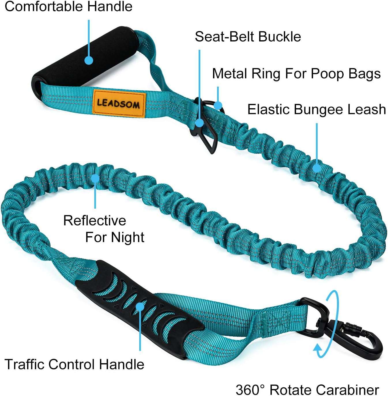 6FT Highly Reflective Heavy Duty Elastic Bungee Medium and Large Dog Leash Shock Absorbing with Comfortable Padded Handle and Traffic Handle Suitable for Training