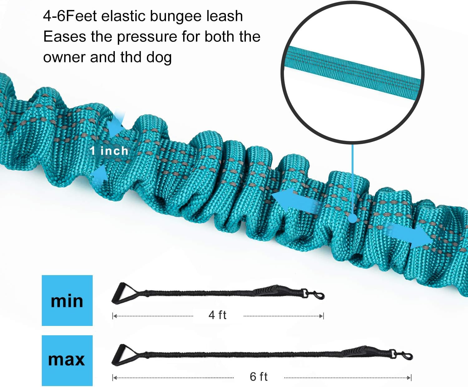 6FT Highly Reflective Heavy Duty Elastic Bungee Medium and Large Dog Leash Shock Absorbing with Comfortable Padded Handle and Traffic Handle Suitable for Training